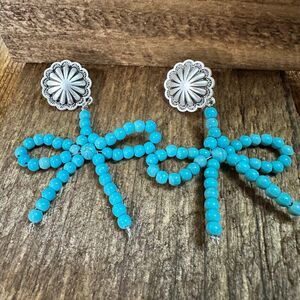 Handmade Ribbon Bow Post Earrings with Turquoise Beads, Western Boho, Ships in